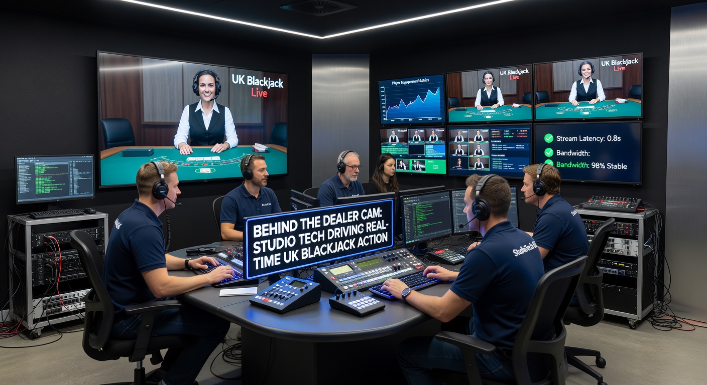 Close-up of advanced camera array and control monitors in a bustling live blackjack studio