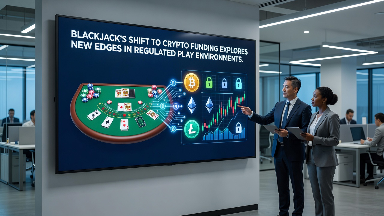 Player using smartphone to complete crypto deposit at blackjack table