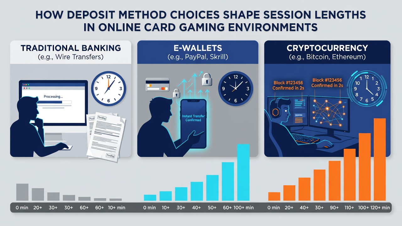 Comparison charts and graphs illustrating deposit method impacts on session durations in card gaming platforms