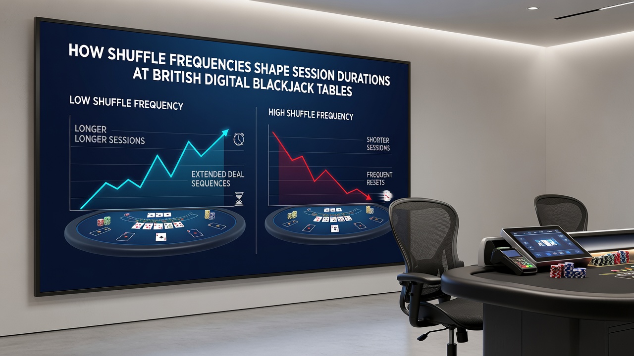 Analytics dashboard displaying session duration statistics tied to shuffle frequency settings at British digital blackjack tables
