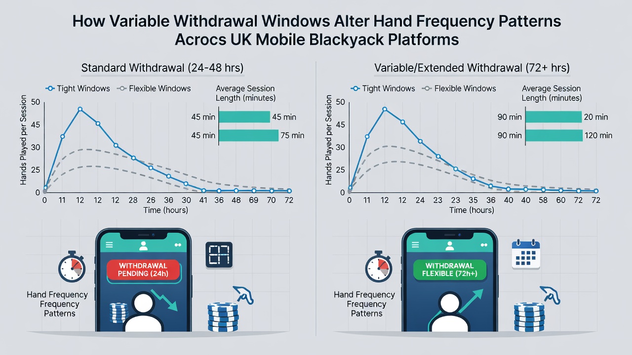 Chart displaying hand frequency trends alongside withdrawal processing times on UK mobile blackjack apps