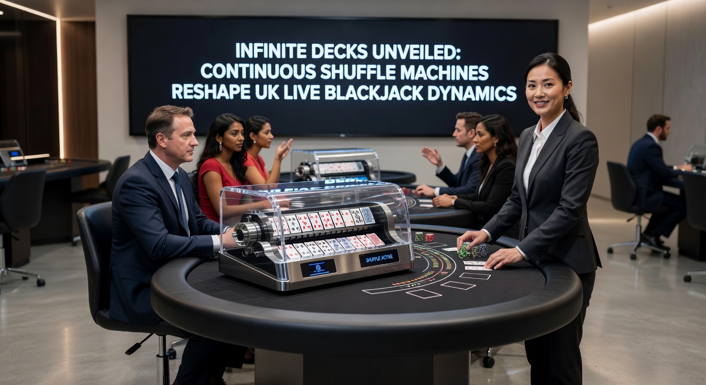 Live dealer at a UK online blackjack table using a CSM, with digital overlays showing rapid card flow and player bets
