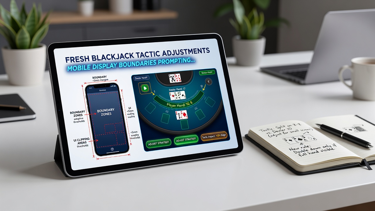 Close-up view of a tablet displaying a streamlined blackjack strategy guide optimized for portable screen boundaries during active play