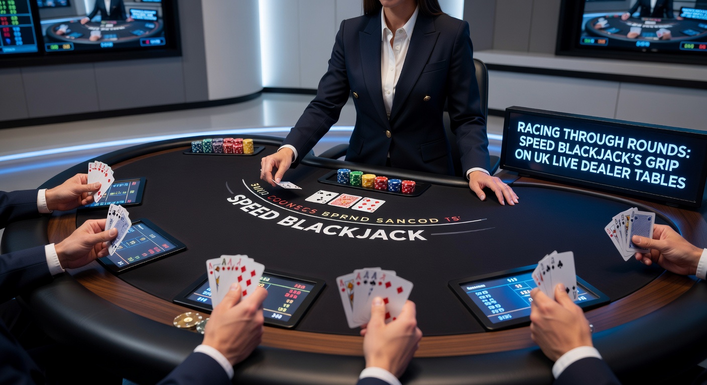 Close-up of a Speed Blackjack betting interface showing rapid card reveals, player decisions, and dealer announcements on a UK casino platform
