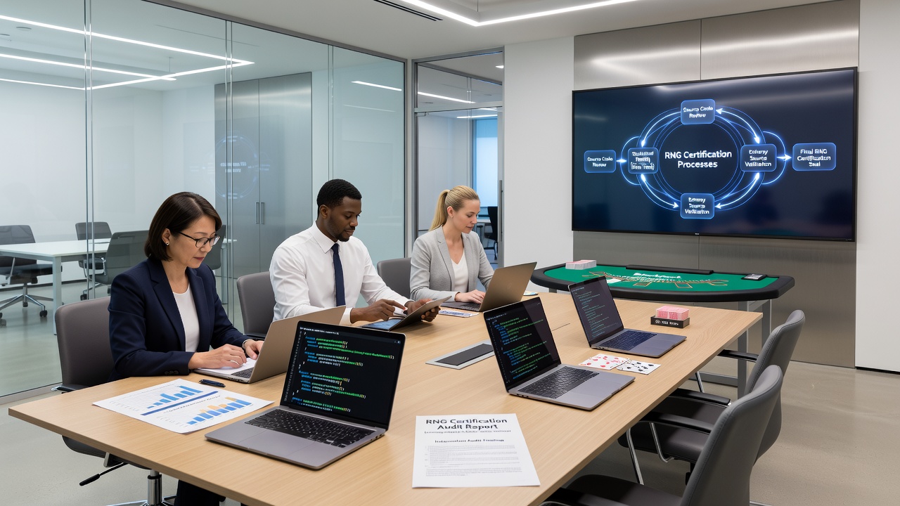 Auditors analyzing statistical reports from RNG tests conducted on blackjack simulation software