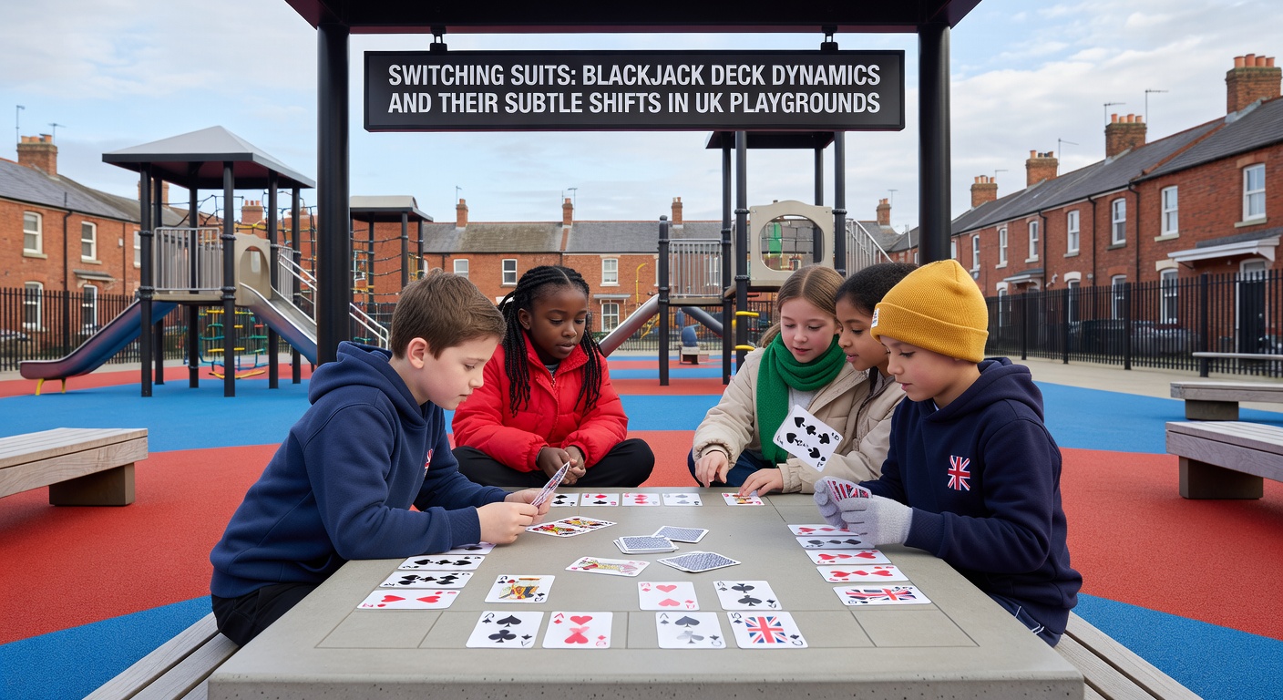 Dynamic casino scene showing a shoe nearing end-of-play cut card, with dealers preparing new decks in a vibrant UK blackjack pit
