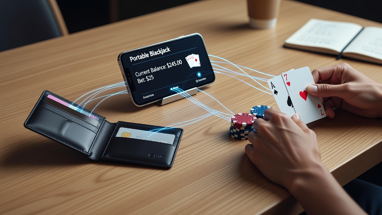 Close-up of a smartphone showing blackjack table with overlaid wallet balance and quick deposit options